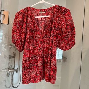 ulla Johnson red puffy sleeve top size xs